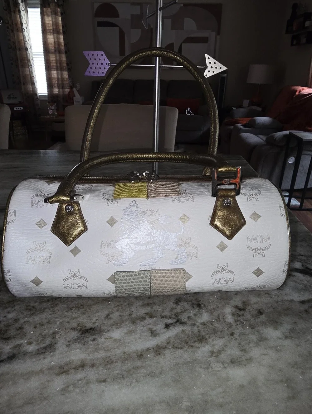 MCM White Logo Barrel Satchel
